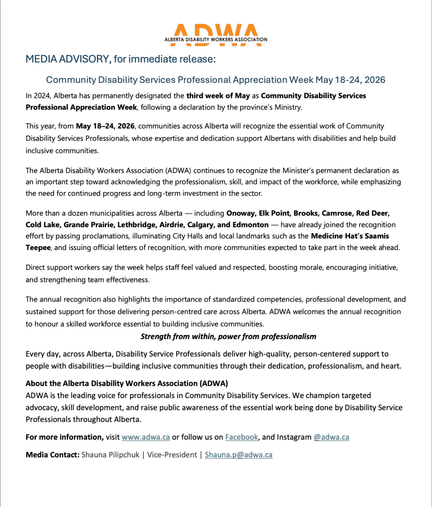 Media Advisory Community Disability Service Professionals Week May 18th to May 24th, 2026
